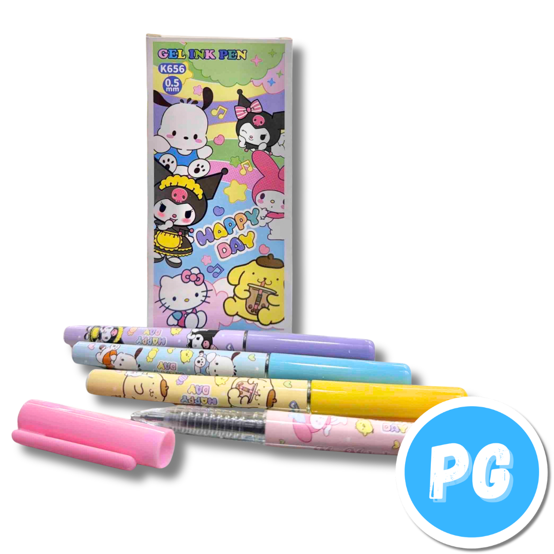 Caja Esfero Kawai 0.5mm Gel x12 Unds Tapa Negro Muñecos Hello Kitty Kuromi My Melody