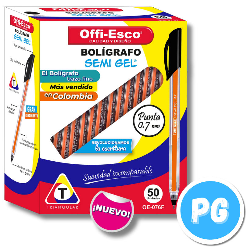Caja de Esfero Offi Esco 0.7mm Semigel x50 Unds Negro de Tapa