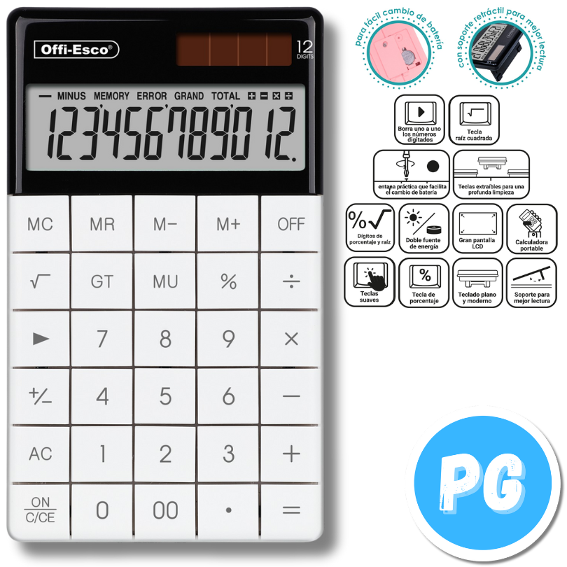 Calculadora Offiesco 12 Digitos De Escritorio Mediana Con Panel Solar 071 Blanca 17x10 Centimetros