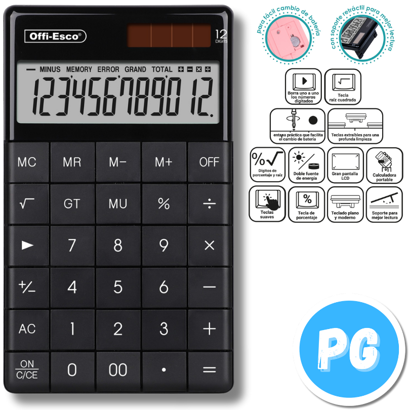 Calculadora Offiesco 12 Digitos De Escritorio Mediana Con Panel Solar 071 Negra 17x10 Centimetros
