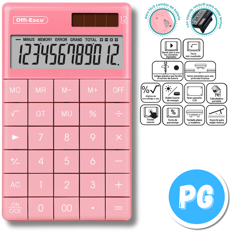 Calculadora Offiesco 12 Digitos De Escritorio Mediana Con Panel Solar 071 Rosada 17x10 Centimetros
