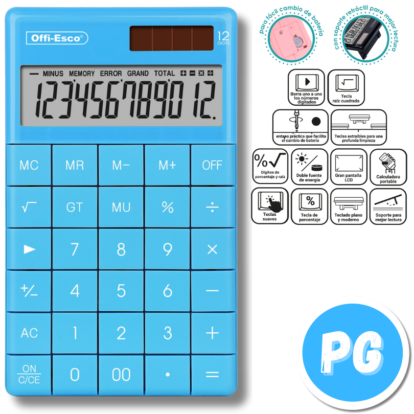 Calculadora Offiesco 12 Digitos De Escritorio Mediana Con Panel Solar 071 Azul Claro 17x10 Centimetros