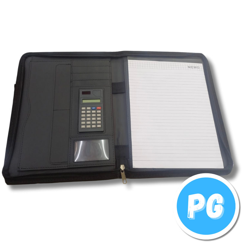 Carpeta Ejecutiva tipo Cuero Negro con Bolsillos, Calculadora y Block de Notas