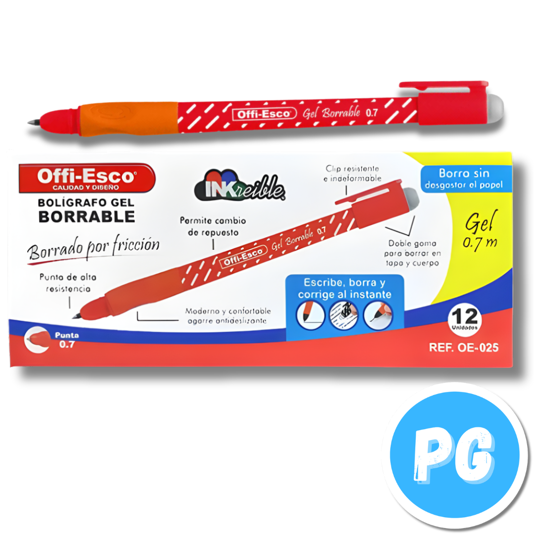 Esfero Offiesco Gel 0.7mm Borrable Rojo De Tapa Ref Oe 025