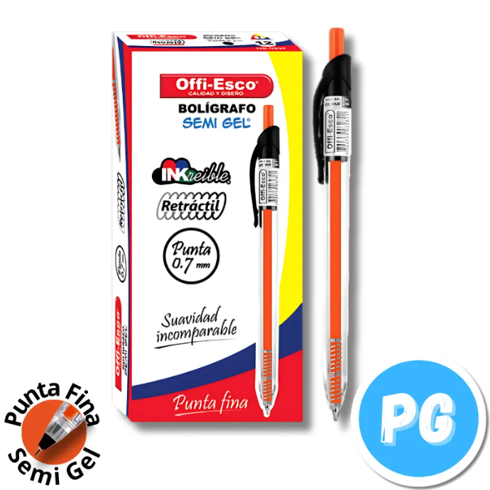 Caja Esfero Offiesco 0.7mm Semigel 052 X12 Unds Retractil Negro