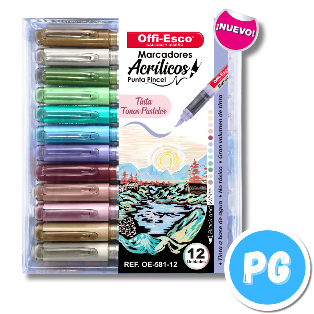 Paquete Marcador Offiesco Acrilico Punta Pincel OE-581 x12 Unds Tonos Pastel