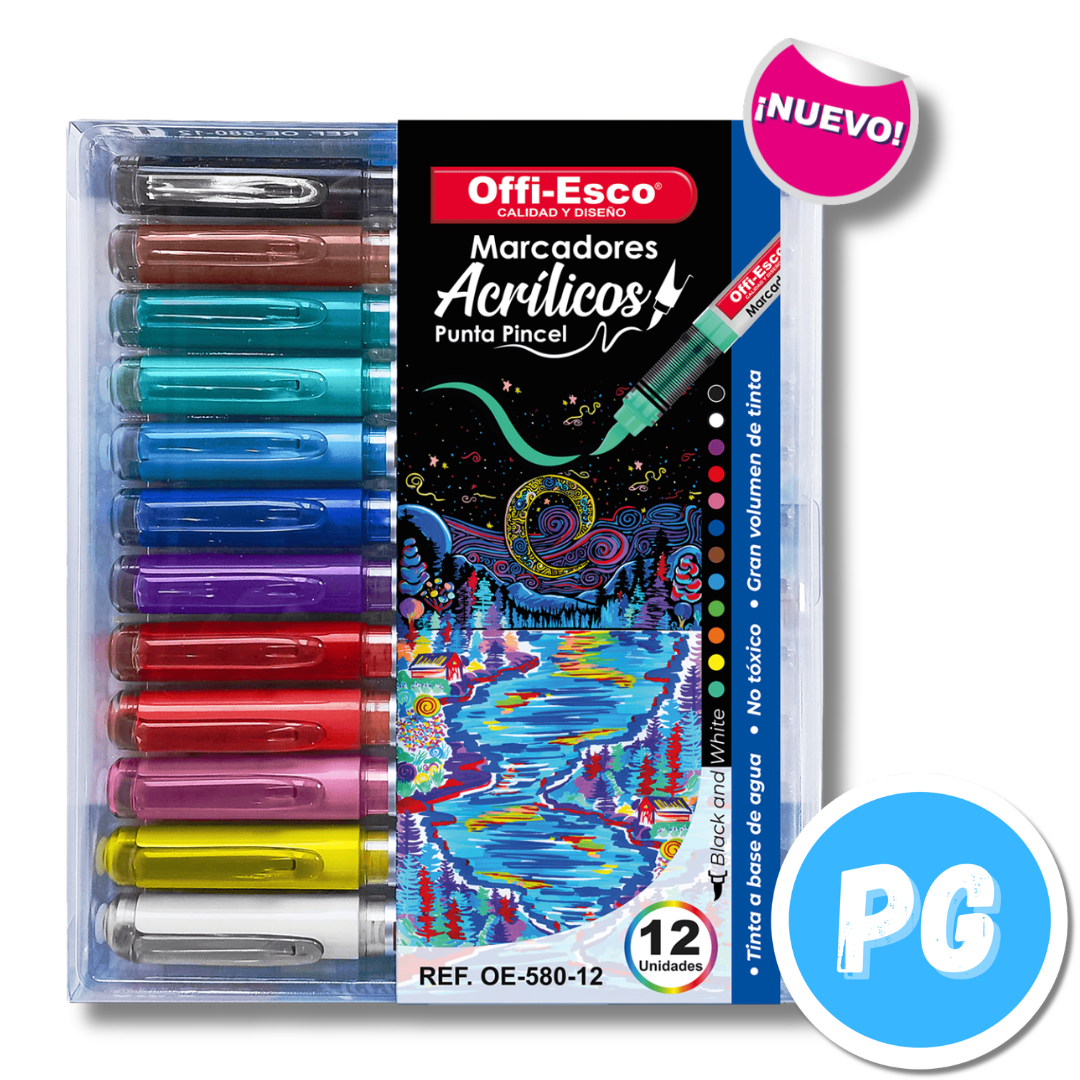Paquete Marcador Offiesco Acrilico Punta Pincel OE-580 x12 Unds Tonos Primarios