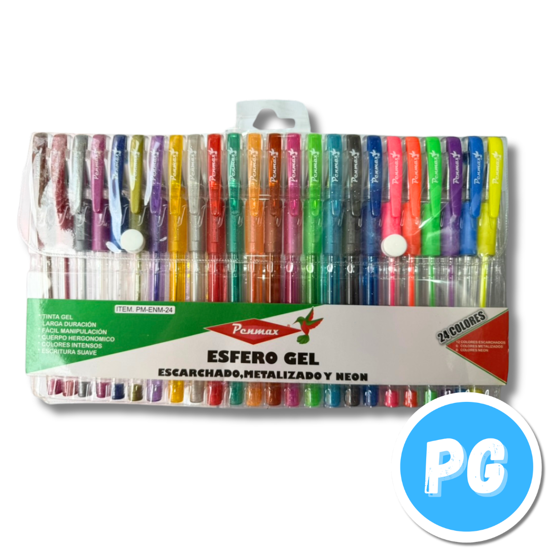 Paquete Esfero Penmax X24 Unds Surtido Escarchados, Metalizados Y Neon