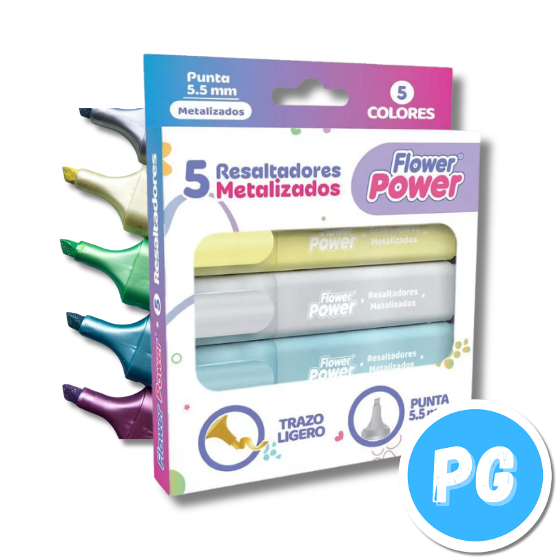 Paquete Resaltador Primavera Flower Power X5 Unds Metalizados