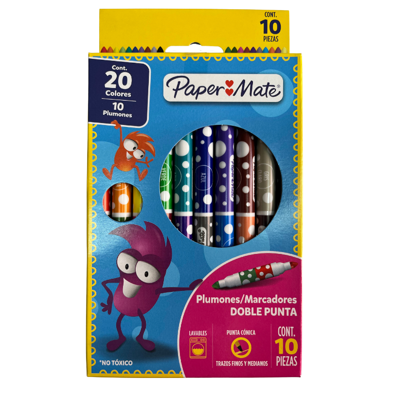 Paquete De Plumon Papermate Doble Punta X10 Unds Punta Conica Lavables