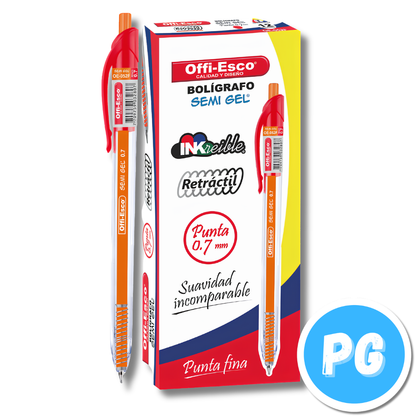 Caja Esfero Offiesco 0.7mm Semigel 052 X12 Unds Retractil Rojo