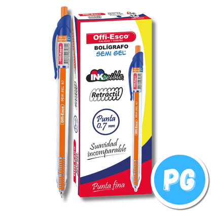 Caja Esfero Offiesco 0.7mm Semigel 052 X12 Unds Retractil Azul Rey