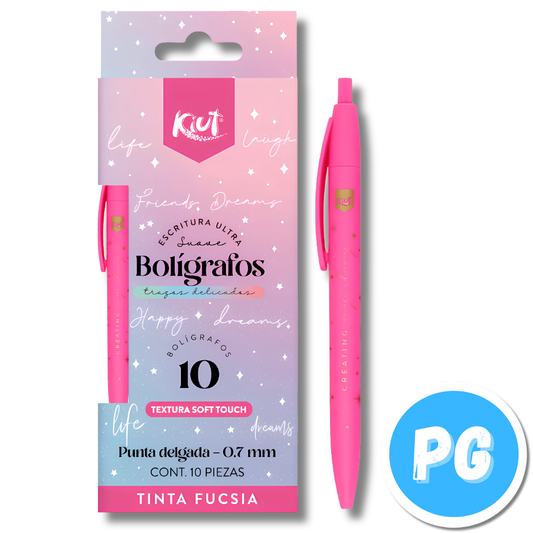 Caja Esfero Kiut 0.7mm Gel x10 Unds Retractil Fucsia