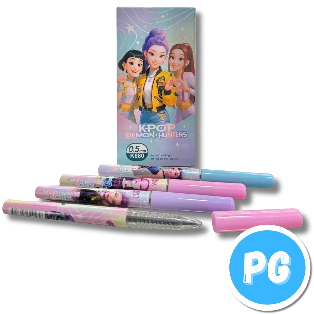 Caja Esfero Kawai 0.5mm Gel x12 Unds Tapa Negro Muñecos Guerreras K Pop Demon Hunters