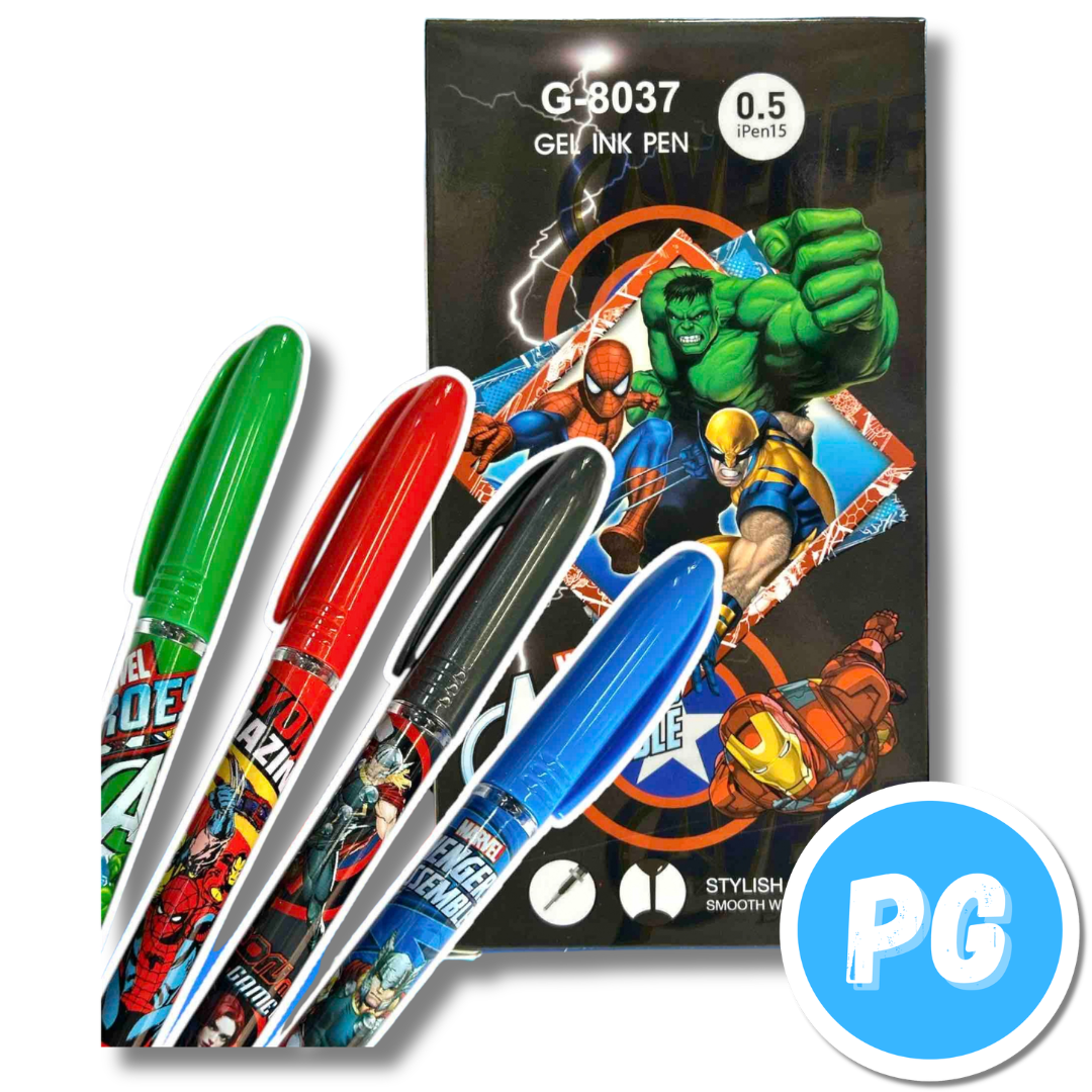 Caja Esfero Kawai 0.5mm Gel x12 Unds Tapa Negro Muñecos Super Heroes