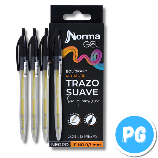 Caja Esfero Norma 0.7mm Gel x12 Unds Retractil Negro