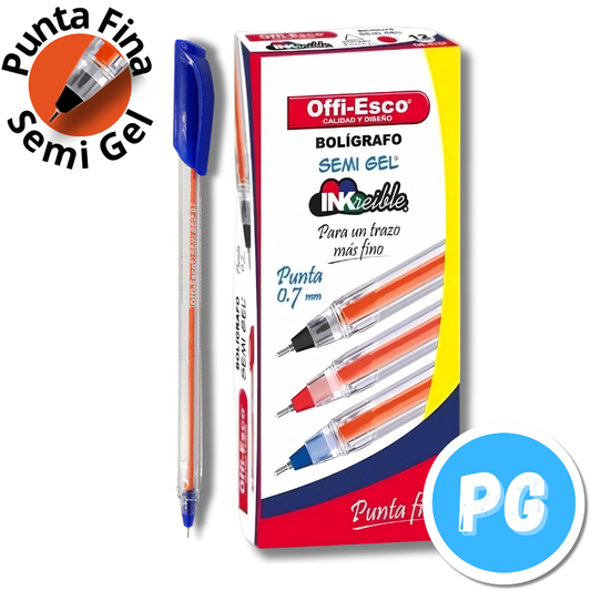 Caja De Esfero Offiesco Semigel Punta Fina X12 Unds Azul Rey