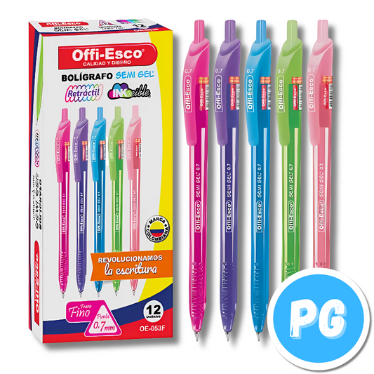 Caja Esfero Offiesco 0.7mm Semigel x12 Unds Retractil Colores Surtido 053F