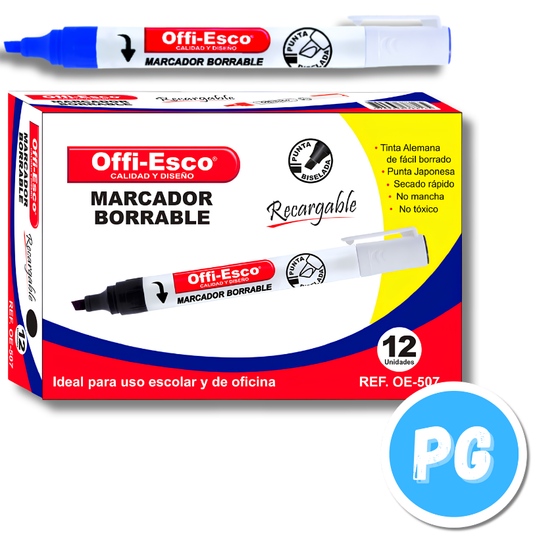 Caja Marcador Offiesco Borrable Recargable OE-507 X12 Unds Azul Rey