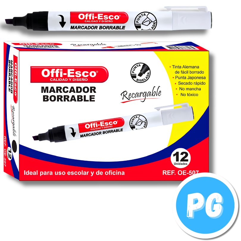 Caja Marcador Offiesco Borrable Recargable OE-507 X12 Unds Negro