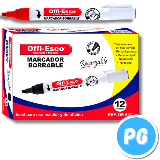 Caja Marcador Offiesco Borrable Recargable OE-507 X12 Unds Rojo