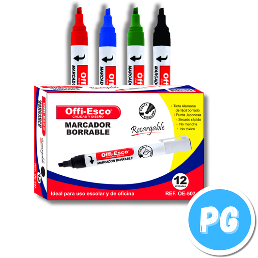 Caja Marcador Offiesco Borrable Recargable OE-507 X12 Unds Surtido 3 Colores (Sin Verde)