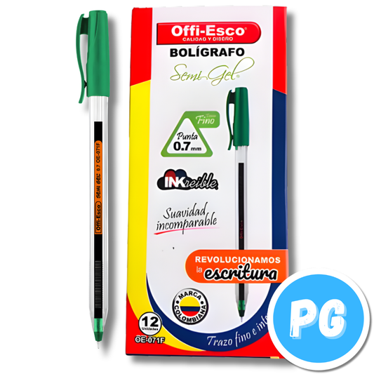 Caja Esfero Offi Esco 0.7mm Semigel 071f x12 Unds Tapa Verde Oscuro