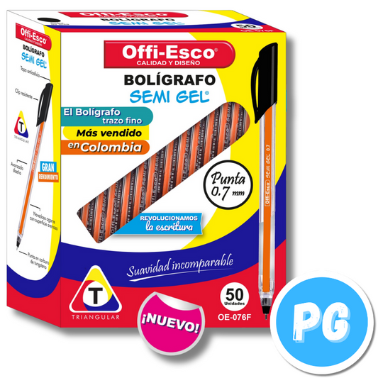 Caja de Esfero Offi Esco 0.7mm Semigel x50 Unds Negro de Tapa