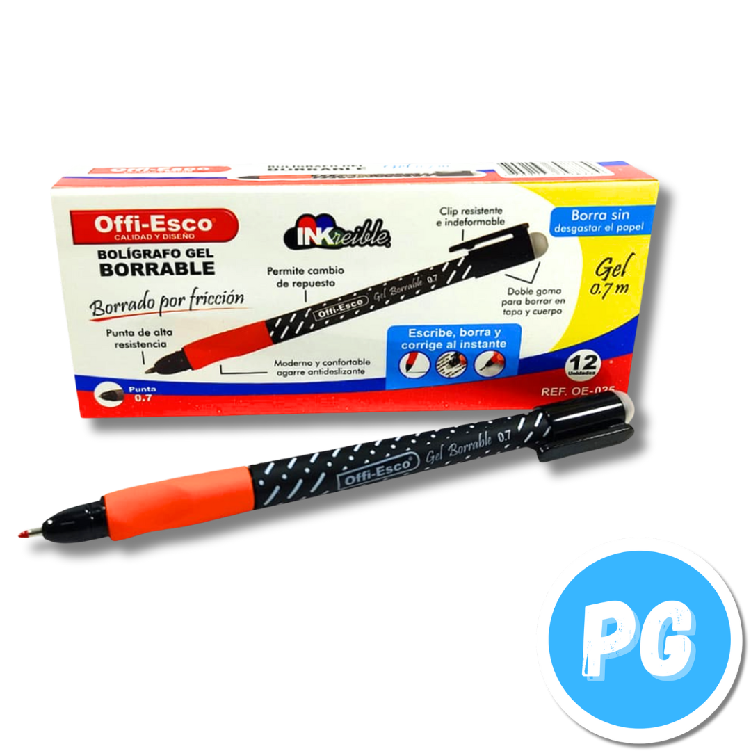 Caja Esfero Offi Esco Borrable 0.7mm Gel 025 x12 Unds Tapa Negro