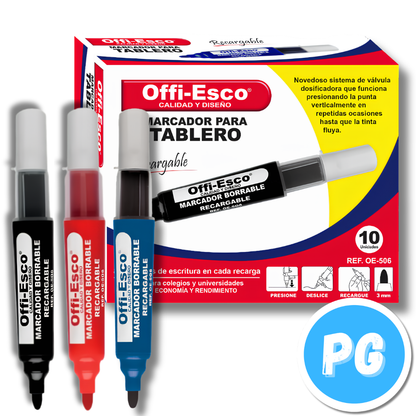 Caja Marcador Offiesco Borrable 506 X10 Unds Recargable Negro, Azul Rey Y Rojo (cartucho)