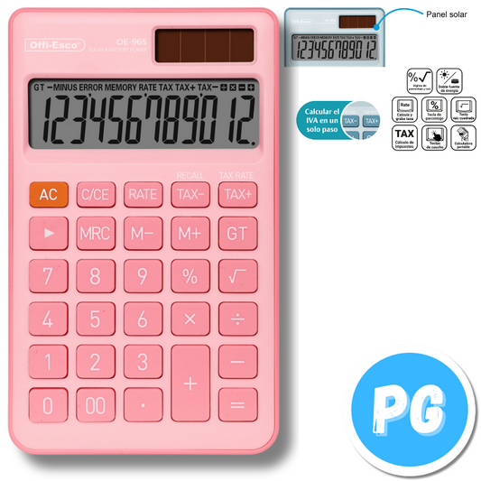 Calculadora Offiesco 12 Digitos Bolsillo Rosada 965 13x8 Centimetros