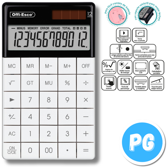 Calculadora Offiesco 12 Digitos De Escritorio Mediana Con Panel Solar 071 Blanca 17x10 Centimetros