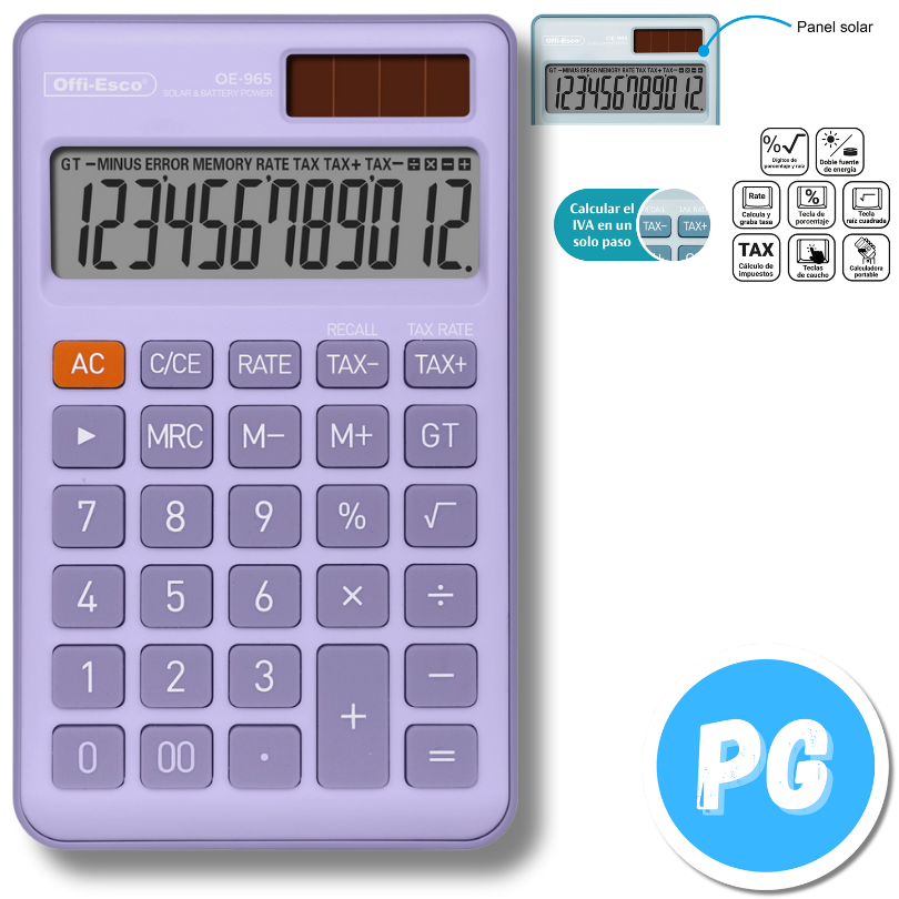 Calculadora Offiesco 12 Digitos Bolsillo Lila 965 13x8 Centimetros