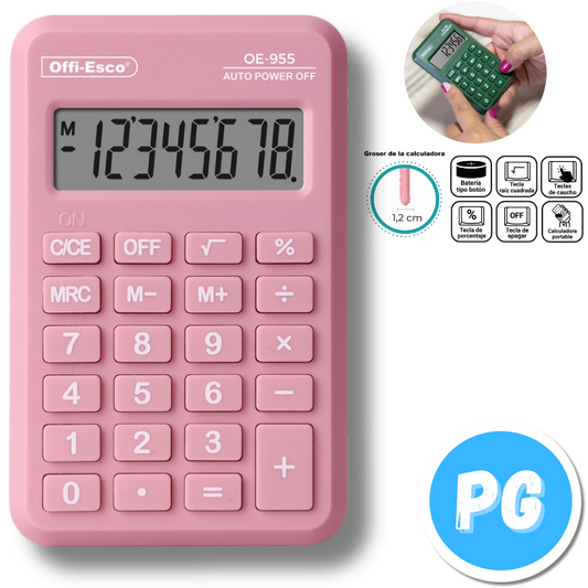 Calculadora Offiesco Bolsillo Pequeña 8 Digitos Rosada 10x7 Centimetros 955