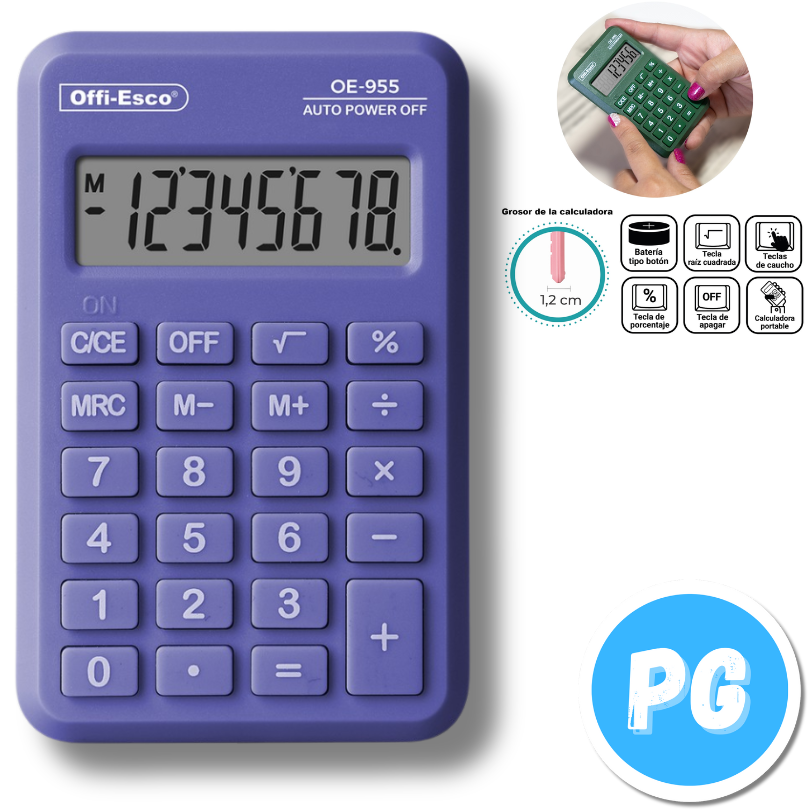 Calculadora Offiesco Bolsillo Pequeña 8 Digitos Morada 10x7 Centimetros 955