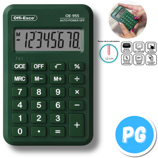 Calculadora Offiesco Bolsillo Pequeña 8 Digitos Verde 10x7 Centimetros 955