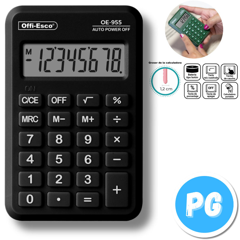 Calculadora Offiesco Bolsillo Pequeña 8 Digitos Negra 10x7 Centimetros 955