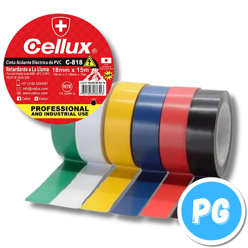 Cinta Aislante Cellux 18mm X5 Metros Unidad De Color (verde, Blanco, Amarillo, Azul Y Rojo) (se Envia Un Color Aleatorio)