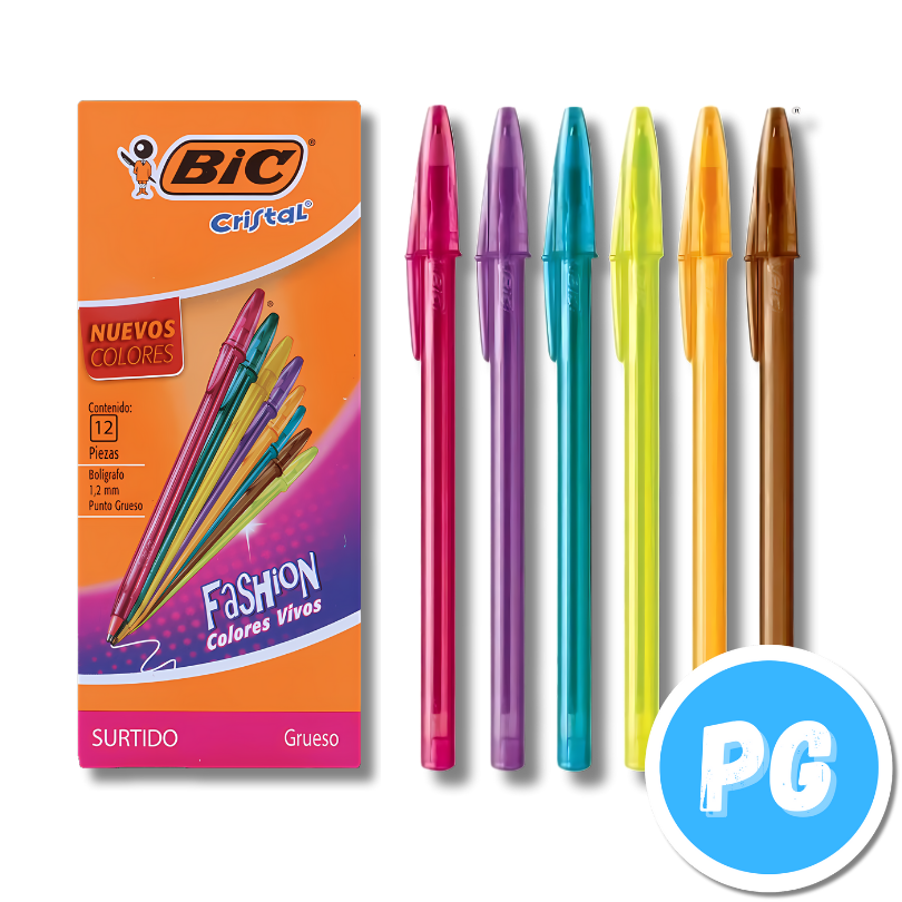 Caja De Esfero Bic Fashion O Shimmer X12 Unds Surtido De Colores De Tapa. Viene Naranja, Cafe, Azul Y Fucsia.