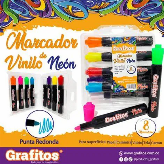 Paquete Marcadores Grafito De Vinilo Neon Punta Redonda X8 Unidades Surtida