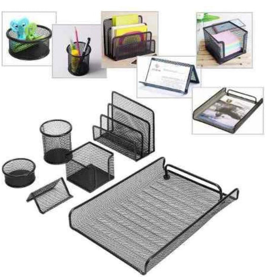 Kit Metalico Para Escritorio Negro De 6 Piezas (organizador Papeles 1 Piso, Tarro Porta Esferos/lapices, Porta Post It, Correspondencia, Tarjetero Y Porta Clips)