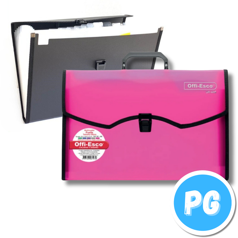 Maletin Plastico Offiesco 13 Bolsillos Carta Fucsia