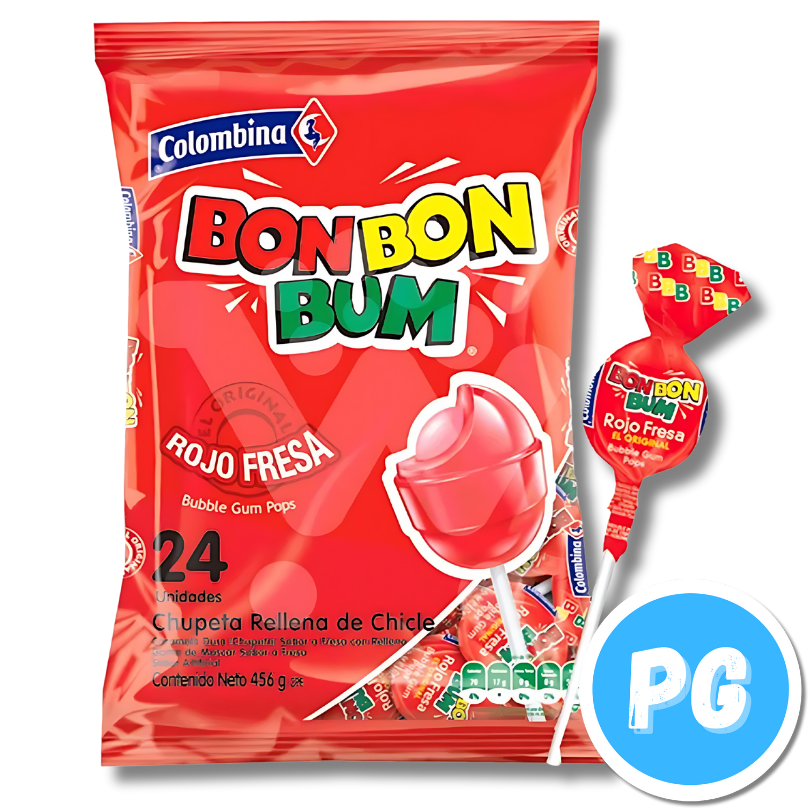 Paquete Chupetas Bon Bon Bum 456 gramos x24 Unds Fresa