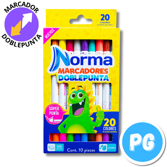 Caja Marcadores Norma Doble Punta X10 Unidades (20 Colores) Punta Bala Lavables