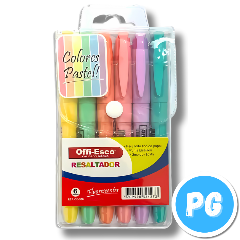 Paquete Resaltador Offiesco X6 Unds Tonos Pastel Punta Delgada