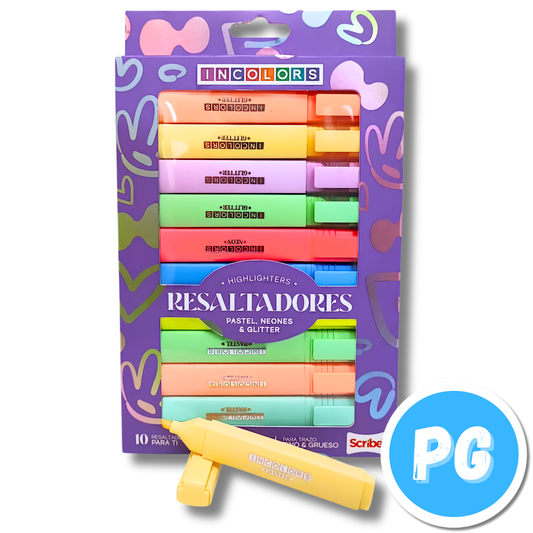 Paquete Resaltador Scribe Incolors x10 Unds Tonos Pastel, Neon y Escarchados (Glitter)