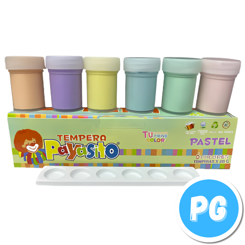 Caja Tempera Payasito Escolar X6 Colores Pastel + Pincel + Paleta No Toxico