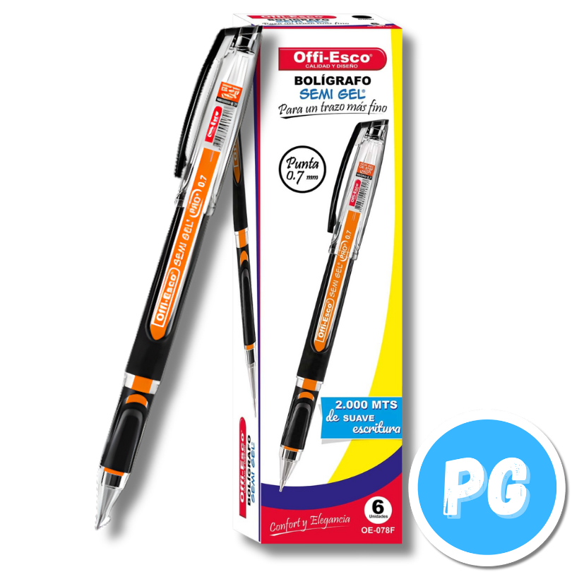 Caja Esfero Offi-esco 0.7mm Semigel X6 Unds Tapa Negro - Ergonomico Dura Mas 078f