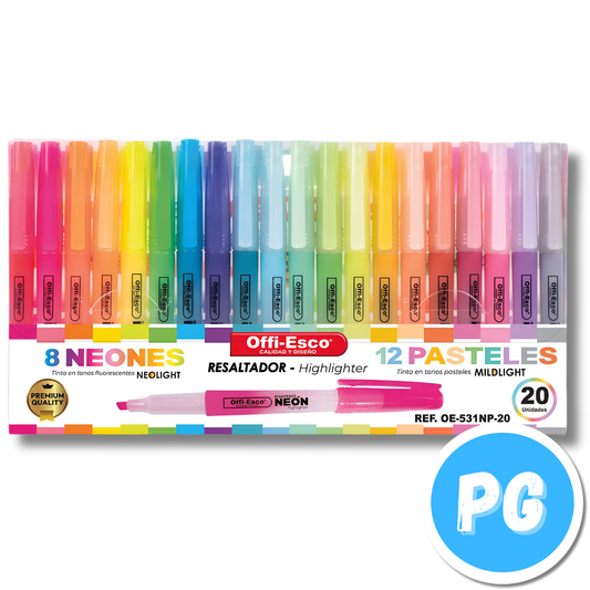 Paquete Resaltador Offiesco OE-531 X20 Unds Tonos Neon y Pastel - Punta Delgada