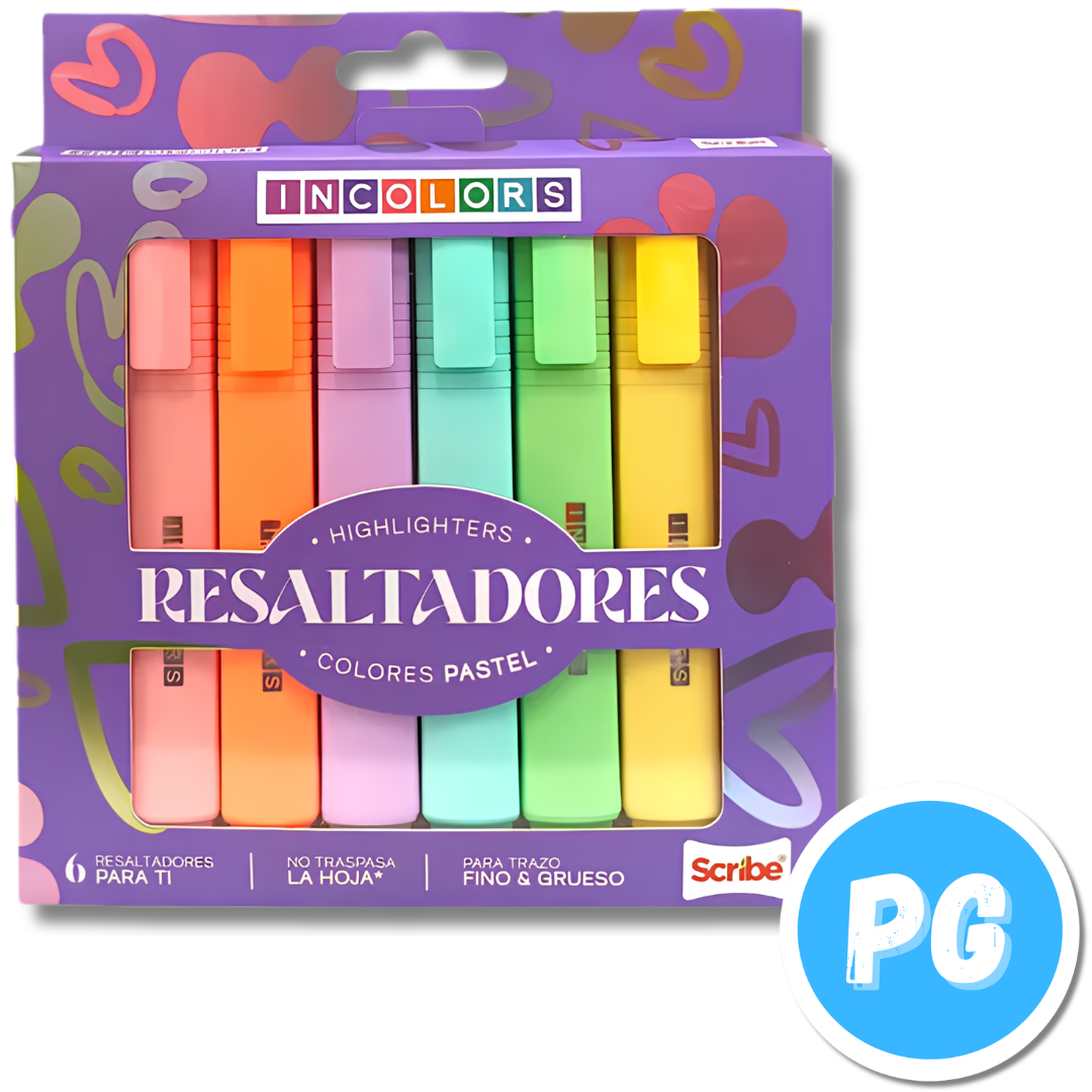 Paquete Resaltador Scribe Incolors x6 Unds Tonos Pastel